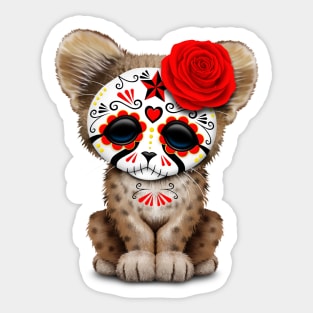 Red Day of the Dead Sugar Skull Cheetah Cub Sticker